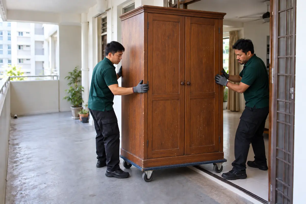 Large wardrobe being moved during bulky-item removal